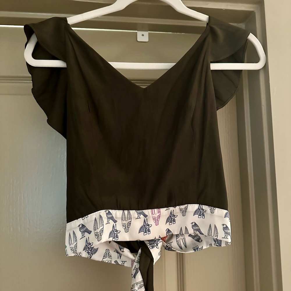 Koch Green Blouse with Tie Front and Ruffled Details